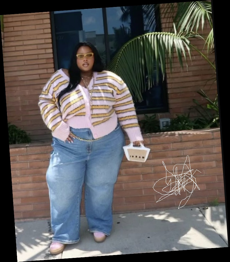 Right here are some pretty much affordable outfits for every plus size queen 6 A plus size woman wearing Pink and yellow striped knit cardigan Medium wash wide-leg jeans Small white "MARNI" logo tote bag Pink platform clogs Yellow-tinted sunglasses Gold layered necklaces Gold waist chain
