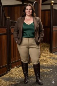 A plus size woman wearing Brown Tweed Herringbone Blazer Dark Emerald Silk Cami Top Beige Riding Breeches Dark Brown Leather Riding Boots