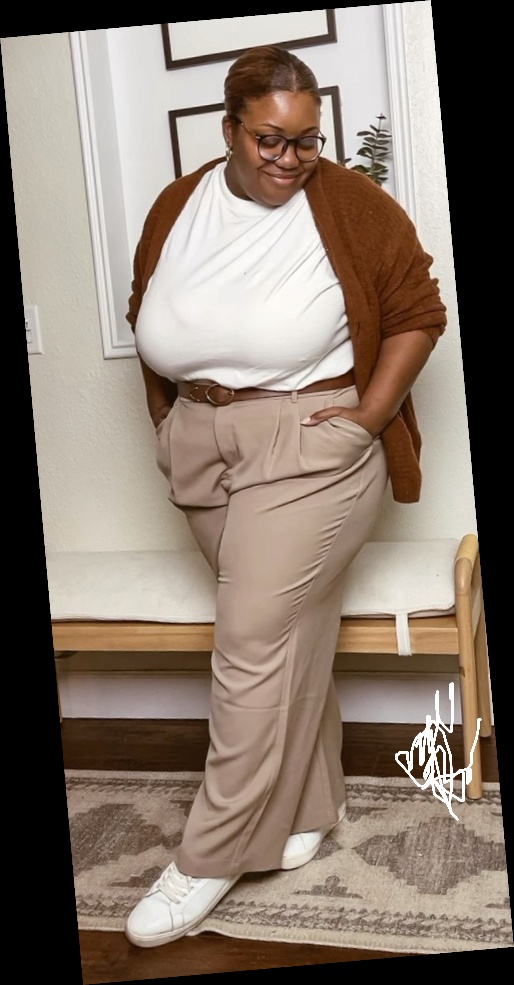 A plus size woman in Cozy Corporate workwear outfit.