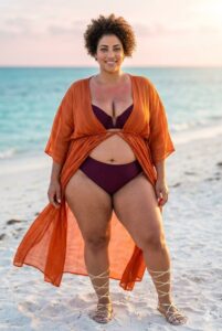 A plus size woman wearing Orange Swim Cover-Up Kimono Plum/Burgundy Two-Piece Bikini Gold Lace-Up Gladiator Sandals