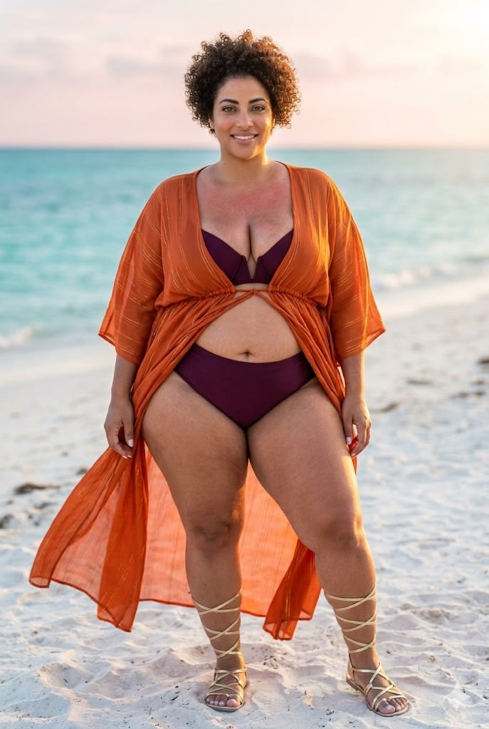 A plus size woman wearing Orange Swim Cover-Up Kimono Plum/Burgundy Two-Piece Bikini Gold Lace-Up Gladiator Sandals