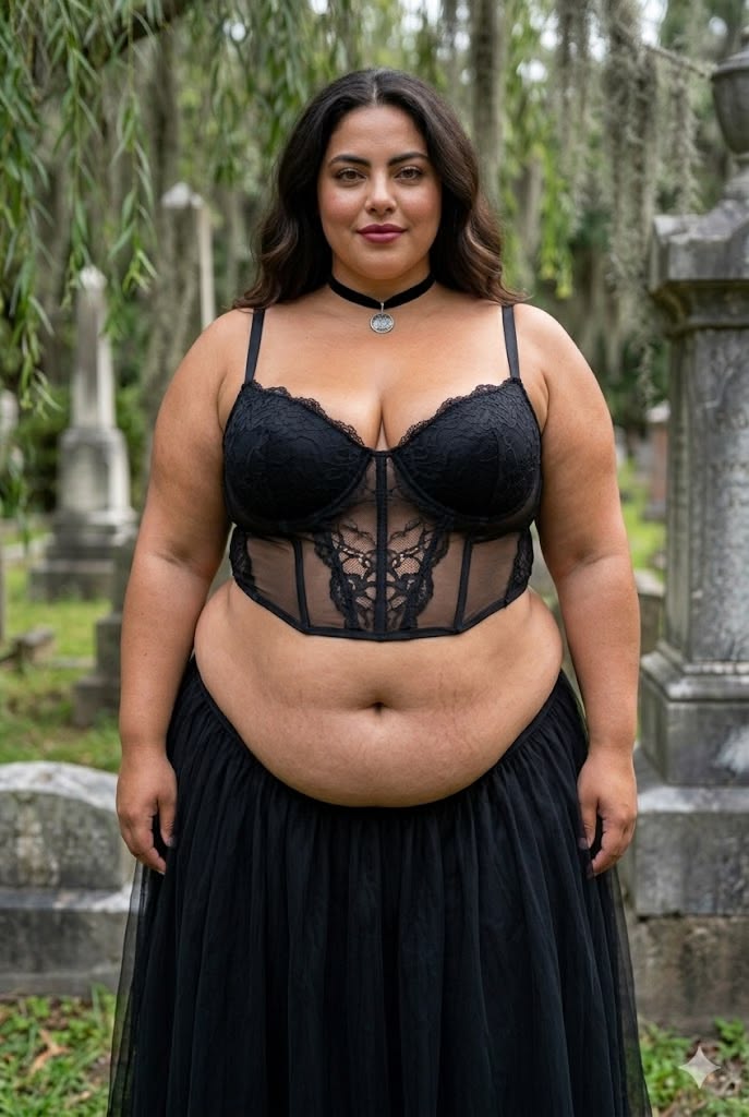 A plus size woman wearing black lace corset crop top Black Tulle Maxi Skirt Black Velvet Pendant Choker