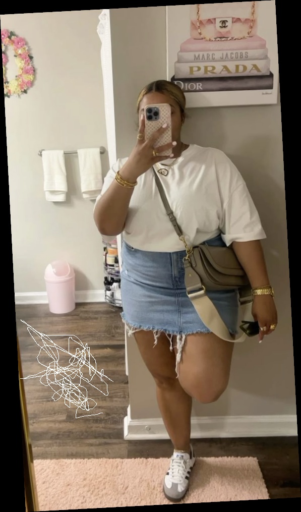 Ideal summer outfit for plus size women 10 A plus size woman wearing White oversized t-shirt Light wash distressed denim mini skirt White Adidas Samba sneakers Taupe leather crossbody bag with wide strap Gold bangles and rings Gold pendant necklace