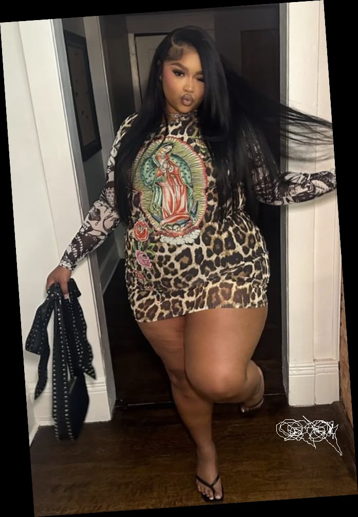 Right here are some pretty much affordable outfits for every plus size queen 12 A plus size woman wearing Ed Hardy Leopard Mini Dress
Studded Slouchy Shoulder Bag
Square Toe Thong Sandals