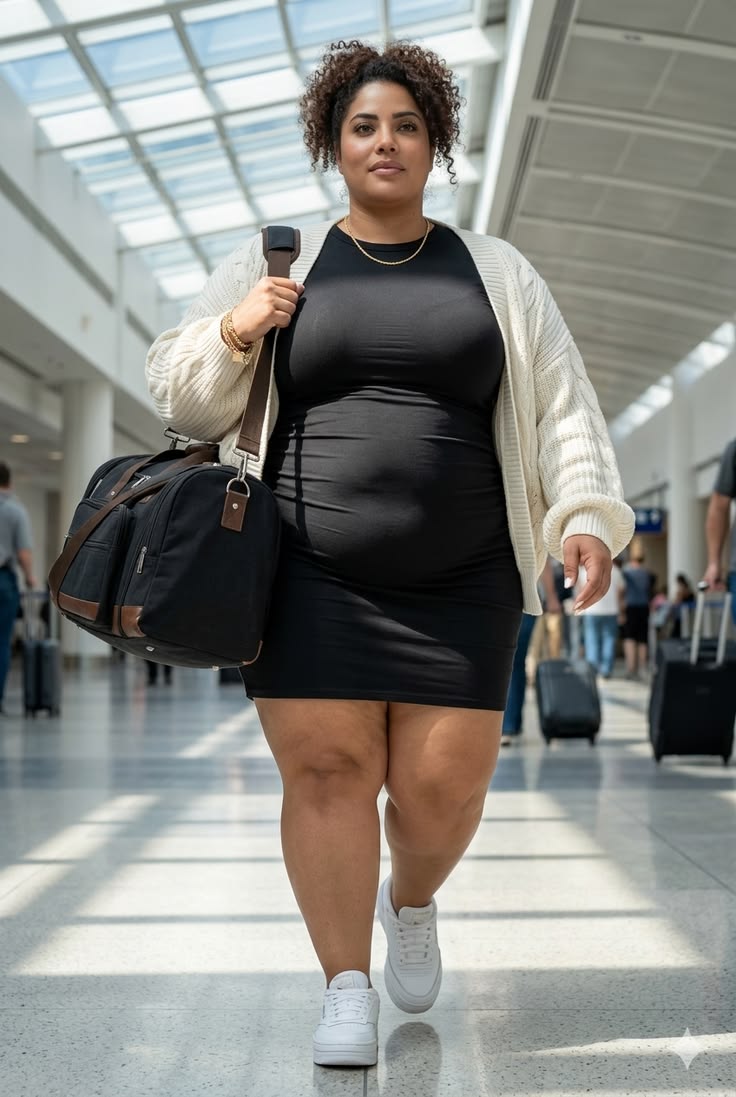 A plus size woman wearing Midi Fited Sundress
Cable Knit Crew Neck Sweater
White Platform Sneakers
Duffle Bag
Gold Necklace