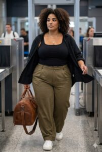 A plus size woman wearing Double Link Tank Top High Elastic Waist Long Trousers Button Down Shirts White shoes Leather Weekend Bag