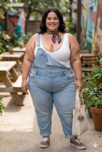 A plus size woman wearing Leopard Print Neck Scarf White Ribbed Tank Top Denim Overalls Canvas Tote Leopard Print Sneakers