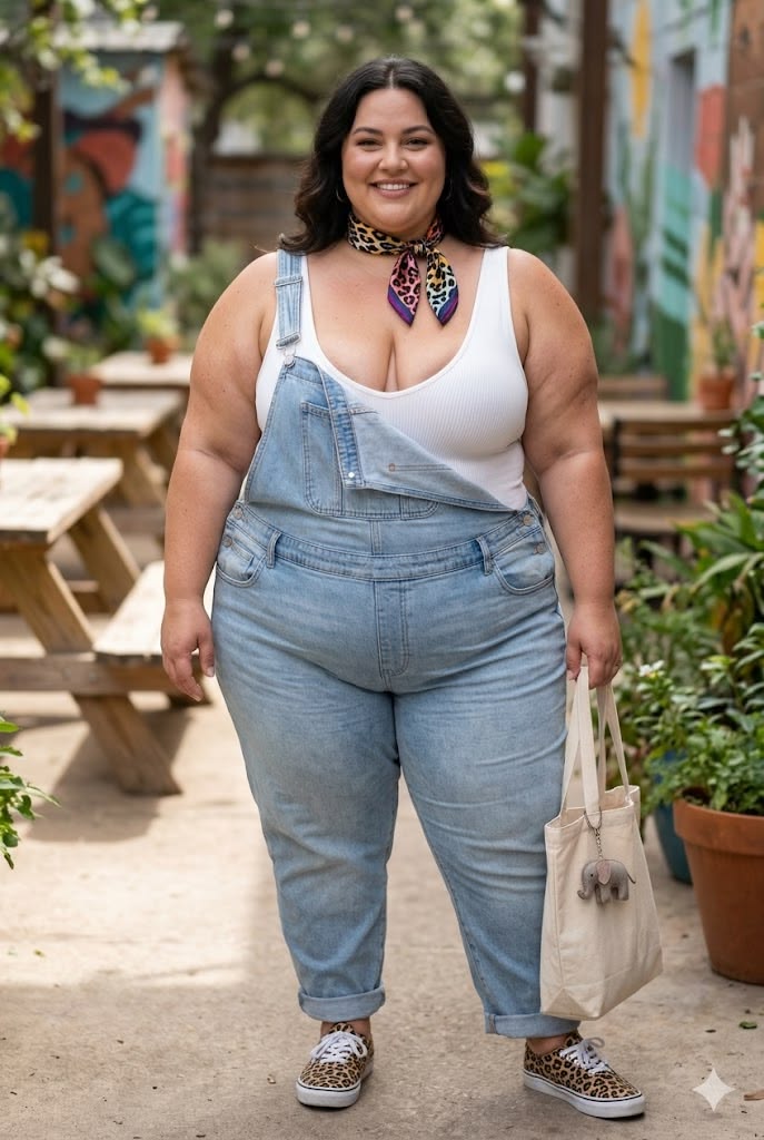 A plus size woman wearing Leopard Print Neck Scarf
White Ribbed Tank Top
Denim Overalls
Canvas Tote
Leopard Print Sneakers