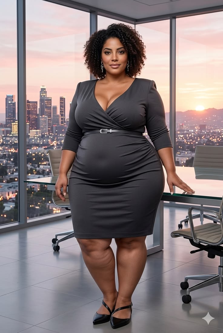 Some Chic Office Outfits for Plus Size Queens, style with class! 12 A plus size woman wearing charcoal grey faux-wrap bodycon midi dress slim black leather belt Black pointed-toe pumps with asymmetric strappy details