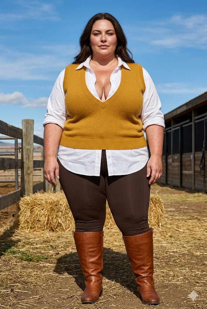 A plus size woman wearing Mustard Yellow Sweater Vest White Button-Down Shirt Dark Brown Riding Leggings Cognac Leather Riding Boots