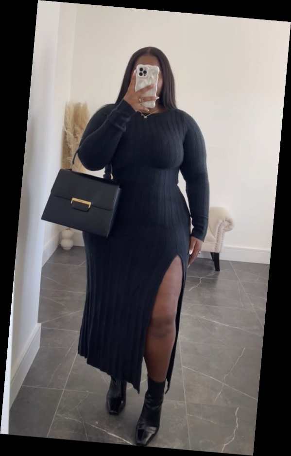 Some Chic Office Outfits for Plus Size Queens, style with class! 2 A plus size woman inA plus size woman in Black long-sleeve ribbed knit midi dress with side slit Black structured top-handle briefcase bag with gold hardware Black pointed-toe leather ankle boots Gold dainty pendant necklace Gold statement ring