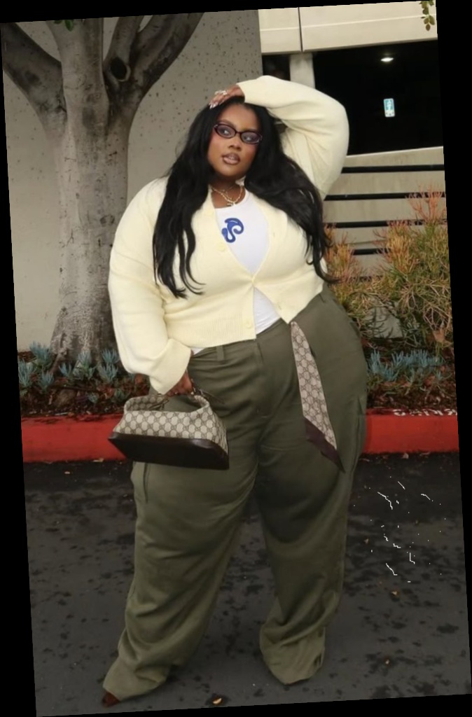 For this fall, I put together this list of some awesome fits for the beautiful plus size queens 7 A plus size woman wearing Cream button-up cardigan White graphic t-shirt Olive green wide-leg trousers Monogram print shoulder bag (Gucci style) Monogram print silk scarf used as a belt Small rectangular sunglasses Layered gold necklaces