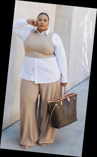 Some Chic Office Outfits for Plus Size Queens, style with class! 9 A plus size woman in White long-line button-down shirt Tan cropped knit vest (layered over) Tan wide-leg trousers Large monogram designer tote bag Neutral strappy heeled sandals