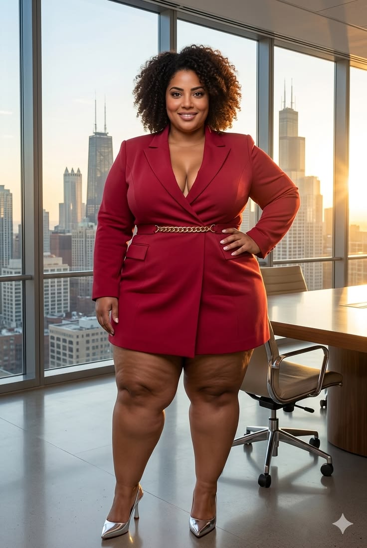 Some Chic Office Outfits for Plus Size Queens, style with class! 13 A plus size woman wearing Double Breasted cape blazer Pointed Keeten Heel