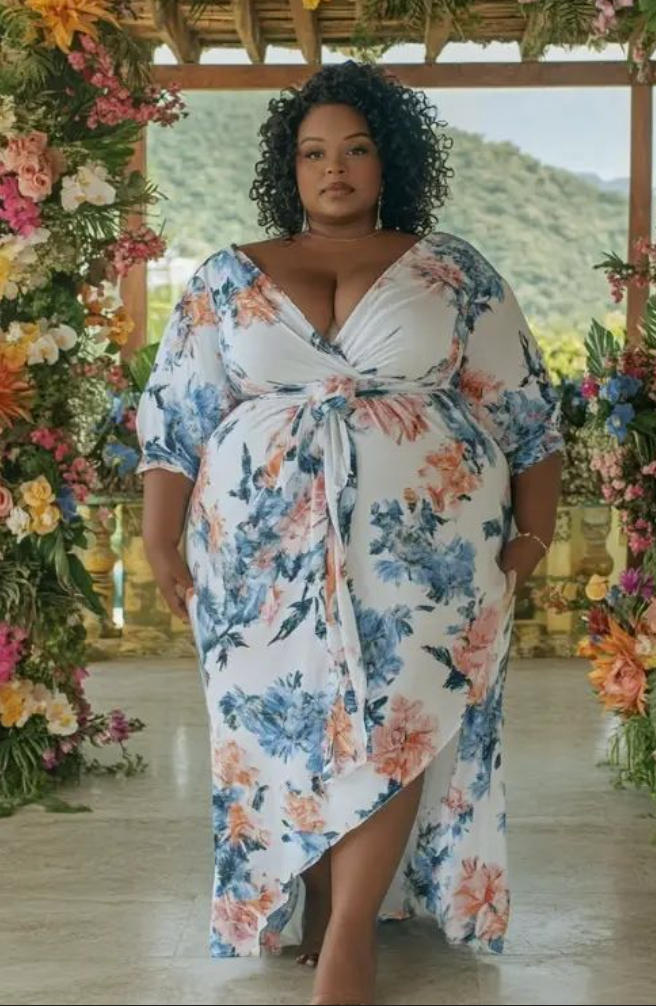 A plus size woman wearing White wrap maxi dress with blue, peach, and orange floral print

Plunging V-neckline with a crossover bodice

Elbow-length puff sleeves

Matching fabric waist tie

High-low wrap skirt style

Gold thin chain bracelet