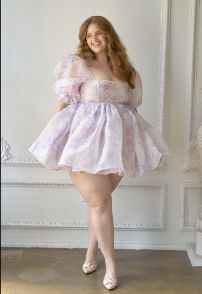 A plus size woman wearing Lilac and pink floral organza babydoll mini dress
Sheer puff sleeves with ruffle trim
Pink satin pointed-toe flats with bow detail