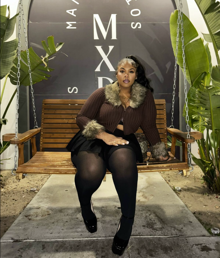 A plus size woman wearing Brown ribbed cropped cardigan with fur collar and cuffs
Black mini skirt
Black sheer tights
Black Mary Jane platform heels
Gold necklace
