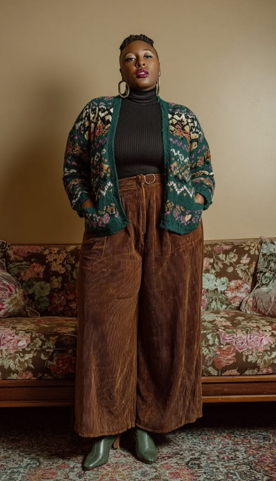 A plus size woman wearing Floral knit cardigan Black ribbed turtleneck Brown wide-leg corduroy pants Green heeled ankle boots Large gold hoop earrings Thin gold belt