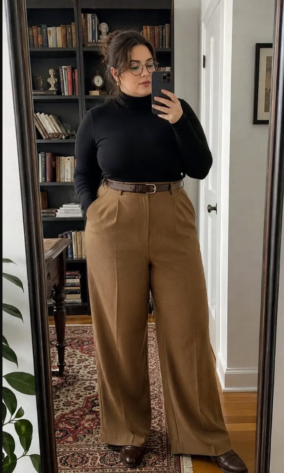 A plus size woman wearing Black long-sleeve turtleneck Brown pleated wide-leg trousers Brown leather belt Gold hoop earrings 