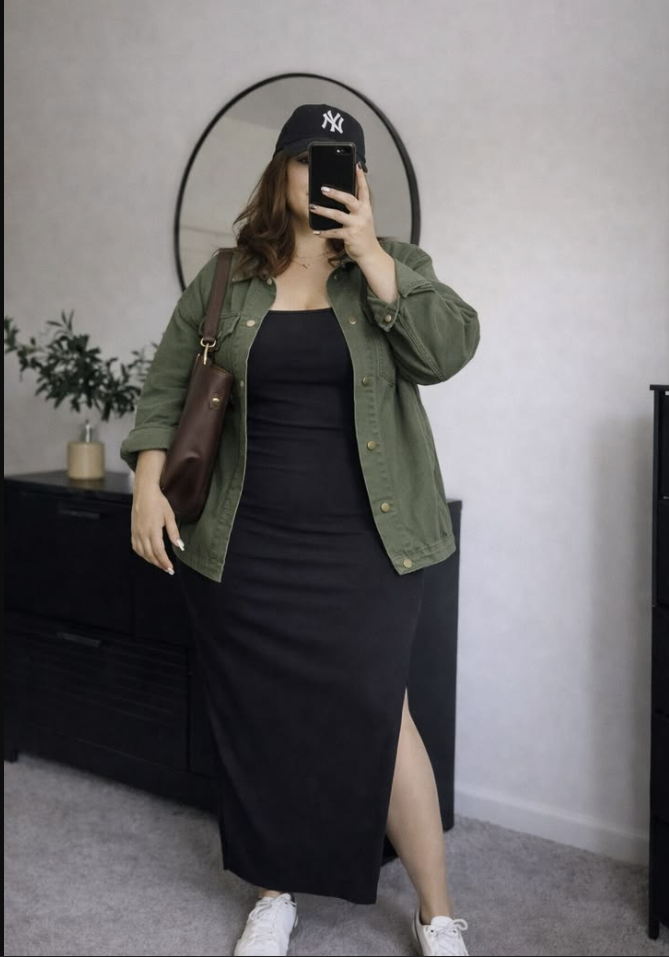 A plus size woman wearing Black midi dress with side slit
Olive green denim jacket
Black baseball cap with NY logo
Brown shoulder bag
White sneakers
